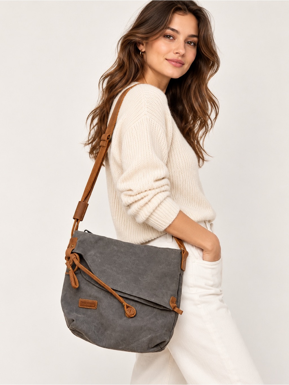 Tom Clovers Gray Canvas Leather Crossbody Messenger Bag